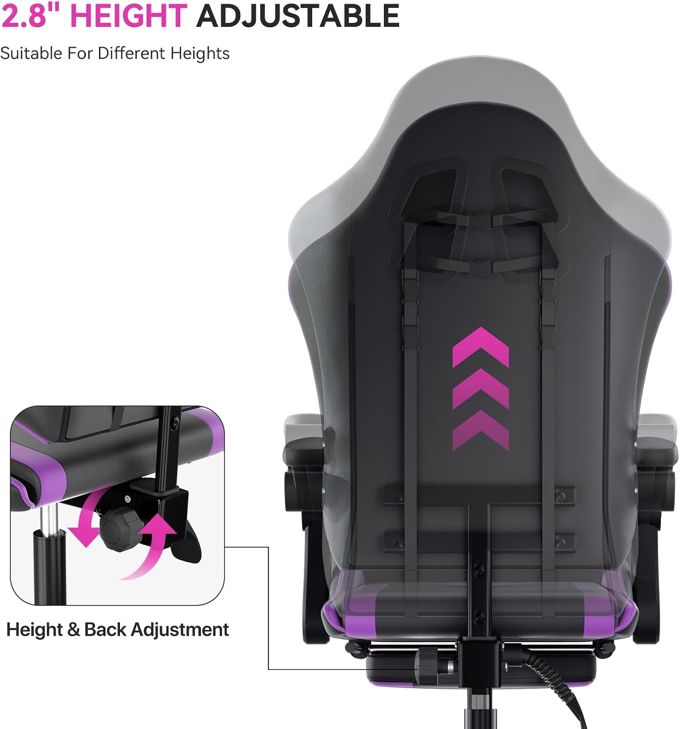 Gaming Chair, Ergonomic Computer Chairs with Arms, Lumbar Support, Footrest, Headrest 360°Swivel Chair, Adjustable Back and Height, Leather PC Chairs for Gaming, Study, Office, Black/Purple