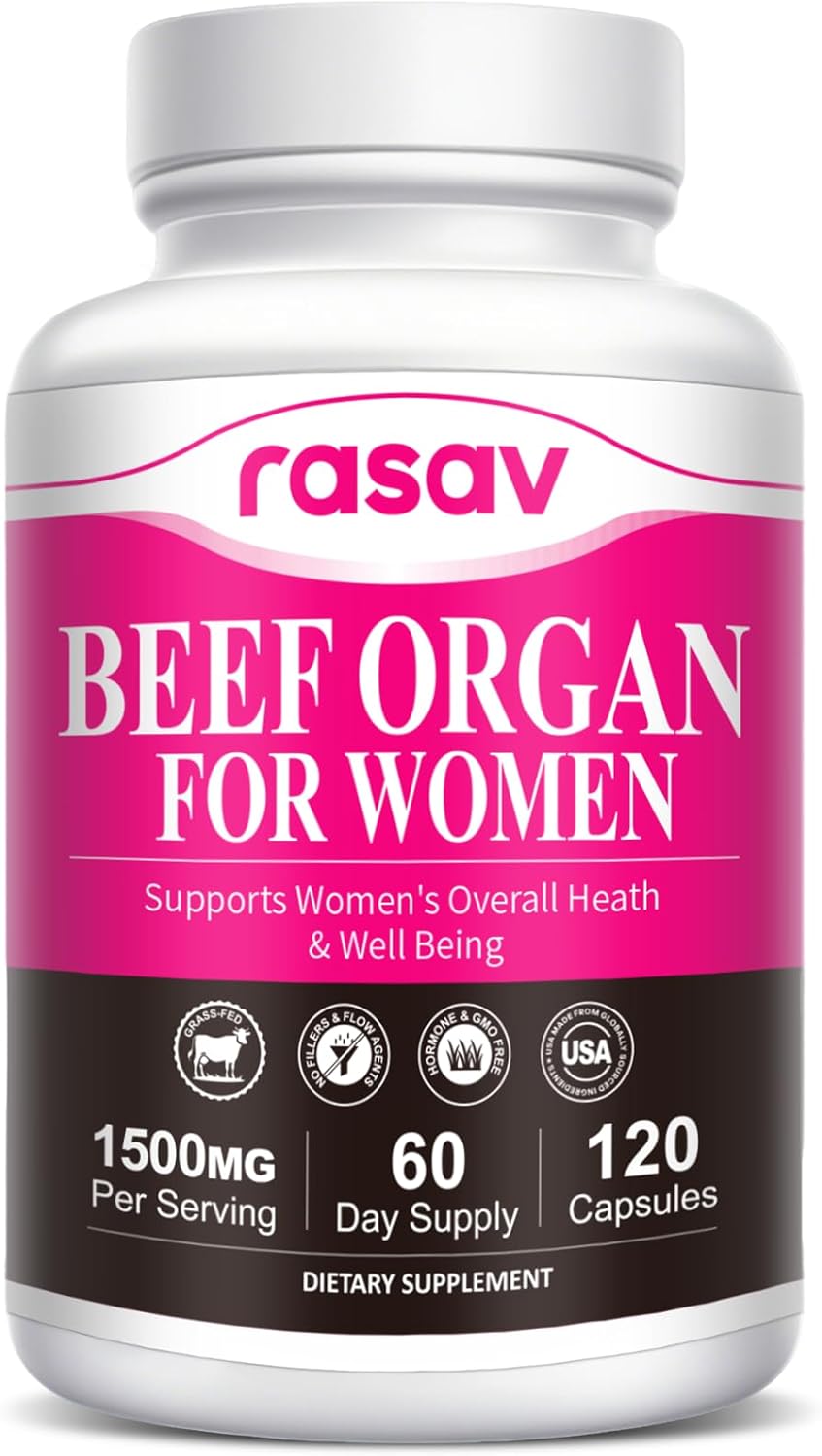 Rasav 3 Pack Beef Organ Supplement for Women - Supports Hormone Balance, Ferritin & Energy Levels - Grass-Fed Beef Liver, Kidney, Heart, & More - 120 Capsules