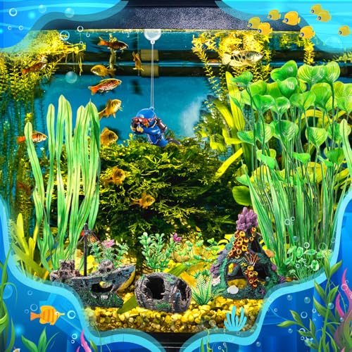 Image of Zeyune 15 Pcs Fish Tank Decorations Mountain Ornament Broken Barrel Sunken Ship Artificial Seaweed Water Plants Colorful Coral Reef for Fish Bowl Aquarium Decor (Green)