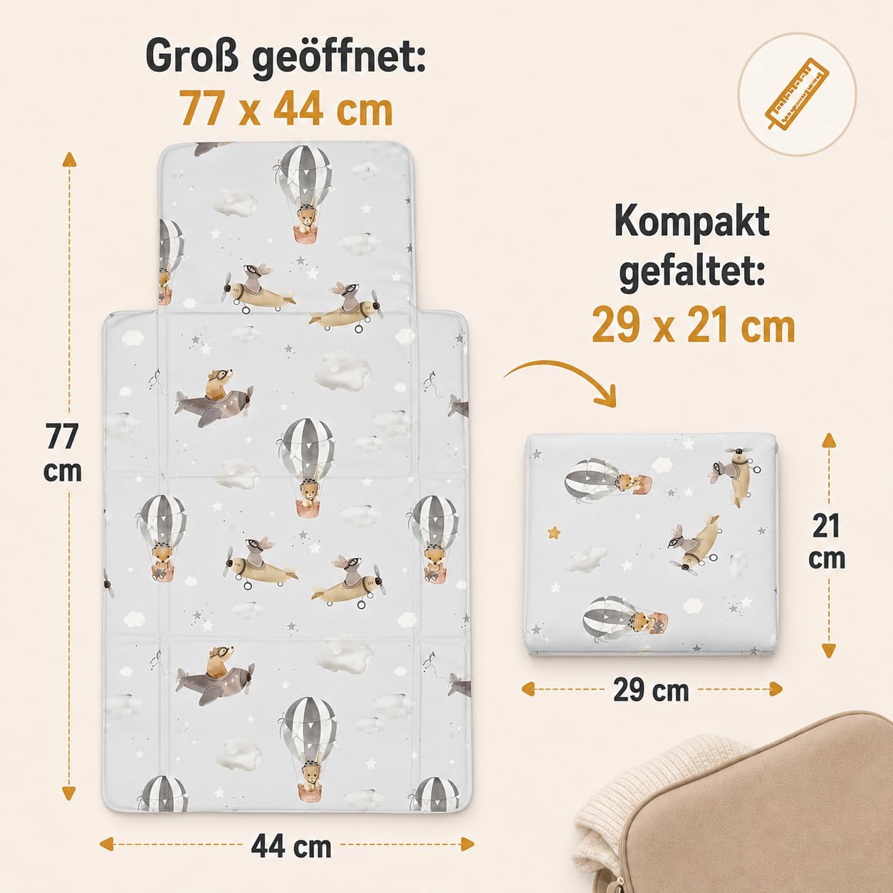 Matelas à Langer Pliable 77 x 44 cm, de voyage, Motif Montgolfière | Pliable, compact pour voyager, surface essuyable, rembourrage doux, matelas à langer pratique en déplacement