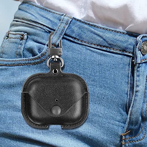 Image of Genuine Leather Case Compatible with AirPods Pro 3rd Gen (2025), VOMA Protective Cover for Apple AirPods Pro 3 Wireless Charging Case with Keychain and Snap Lock Black