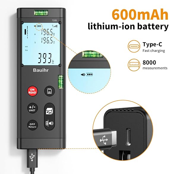 Bauihr 393ft Dual Laser Measuring Tool Aluminum Rechargeable Distance Meter