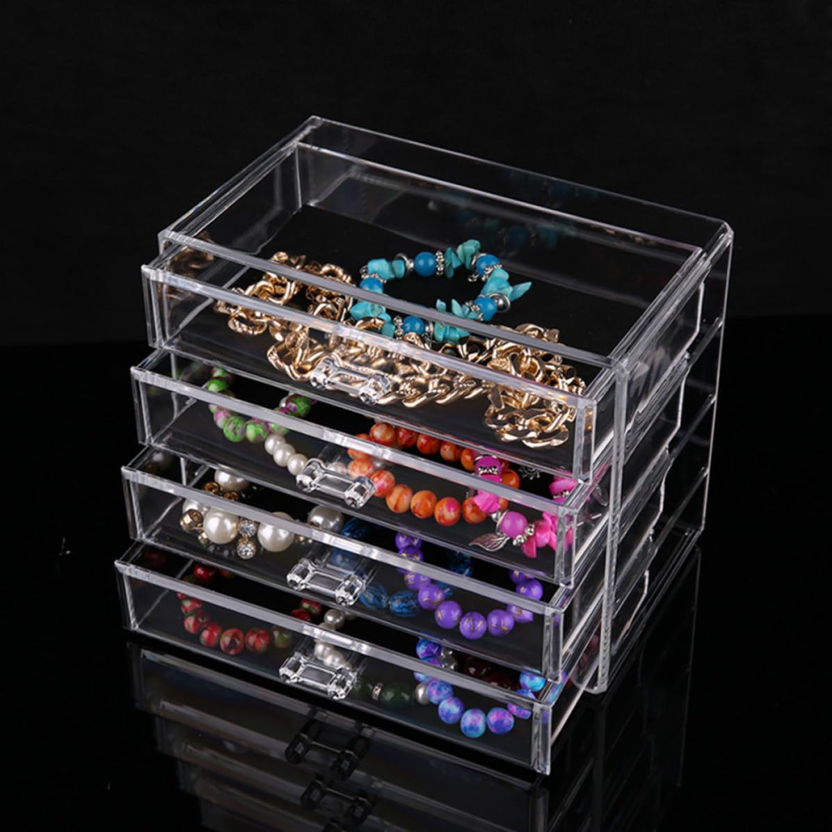 Tragbare Kosmetik Aufbewahrungsbox aus Kunststoff mit 4 Ebenen Make Up Organizer und Schmuckbox für Schminke und Ringe Zuhause