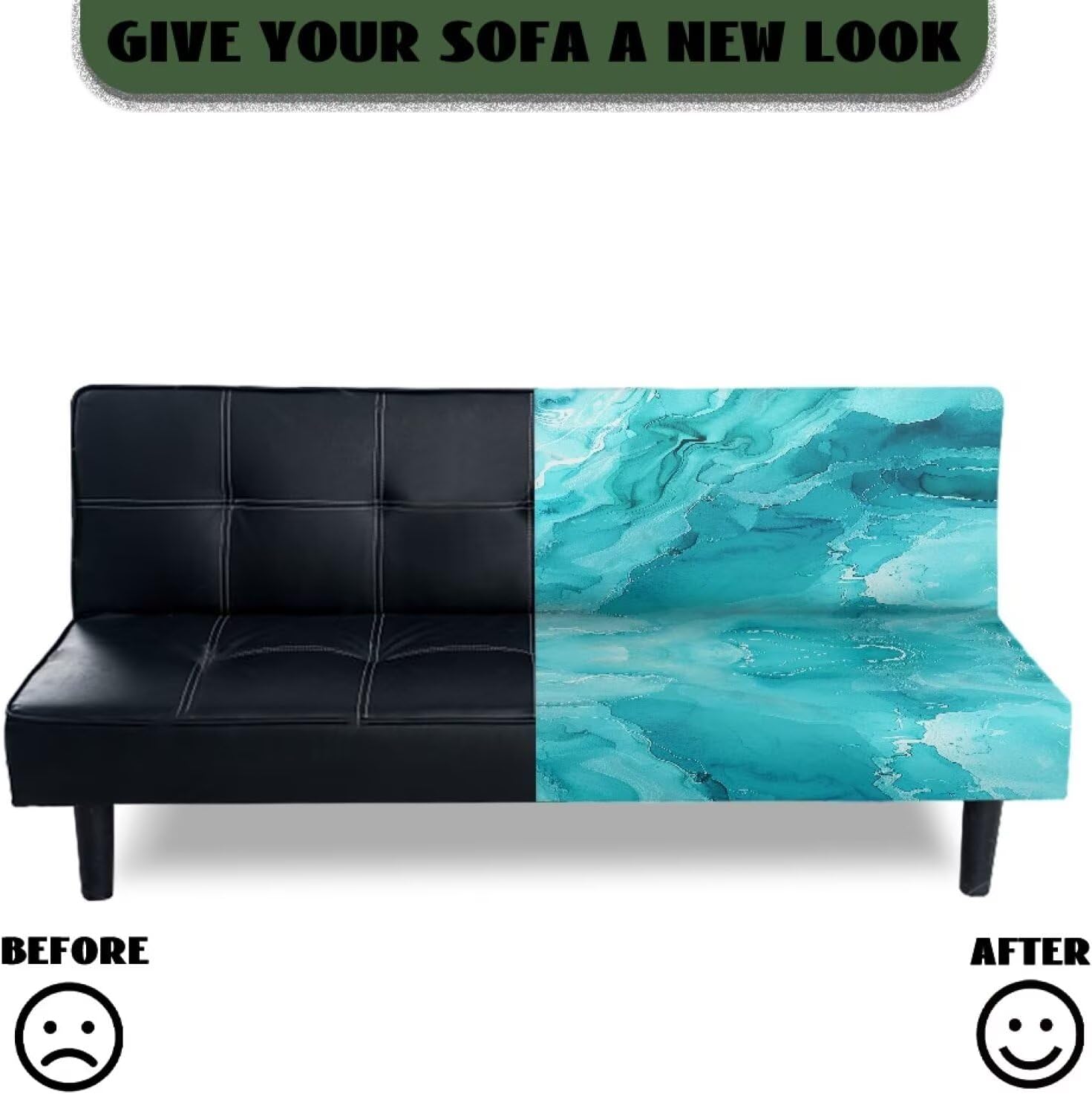 Xoenoiee Armless Sofa Slipcover Stretch Futon Cover Queen Sofa Bed Covers Washable Elastic Couch Cover Home Furniture Protector, Marble Blue