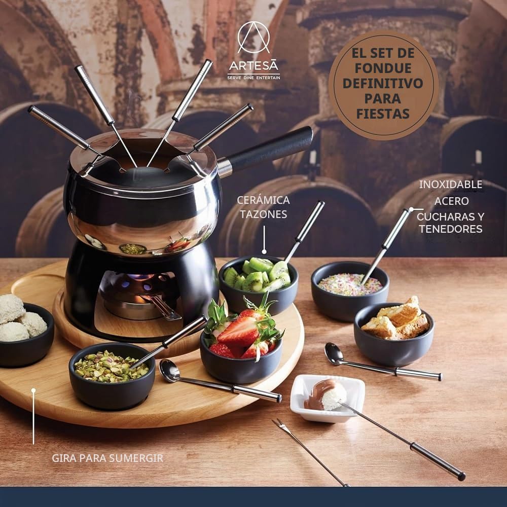 Artesà Juego de Fondue con Plato Giratorio Lazy Susan, Olla de Fondue de Acero Inoxidable con Quemador, Recipientes y Utensilios, Juego de 22 Piezas, Negro