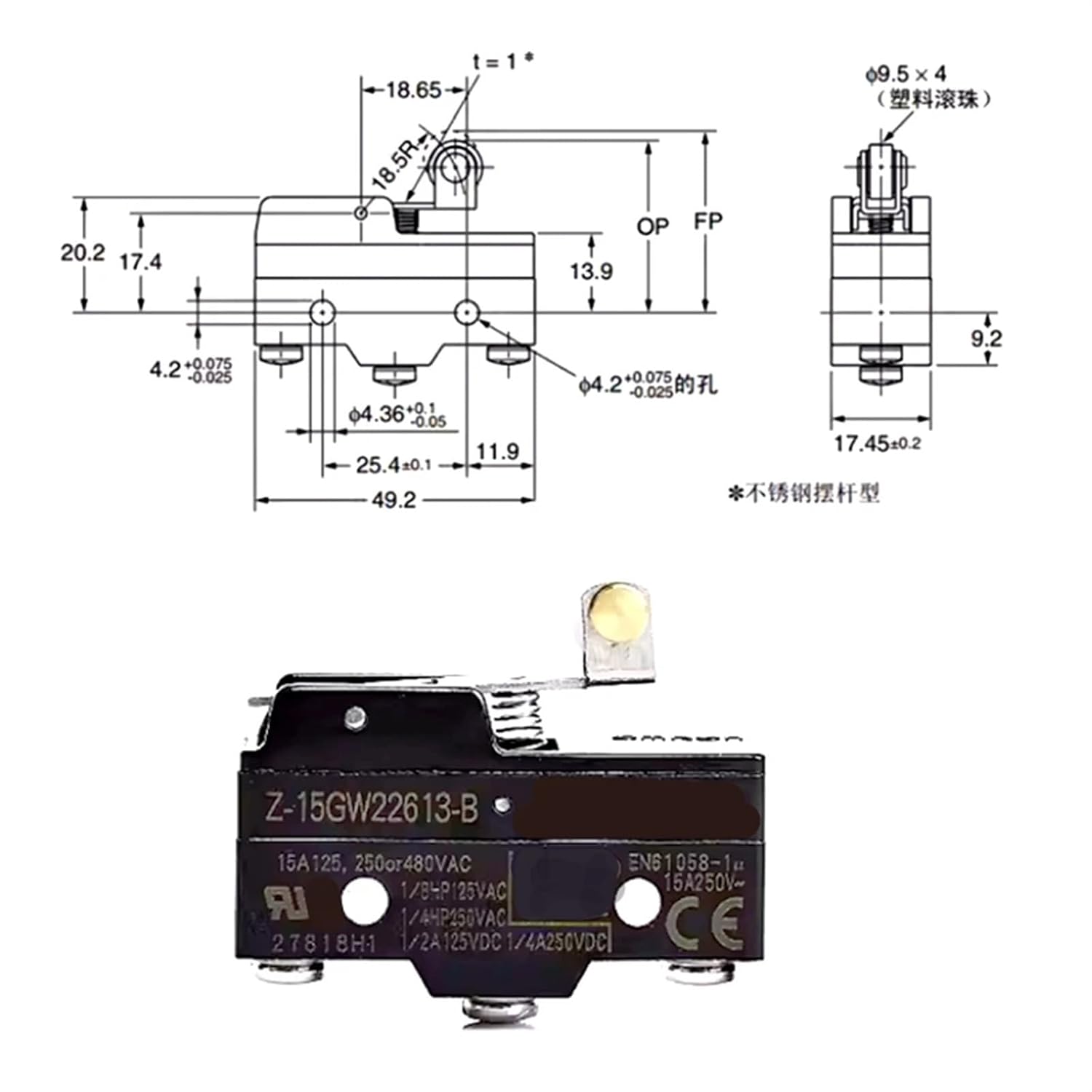 Dimensional drawing for a Z-15GW22613-B type micro switch with lever actuator