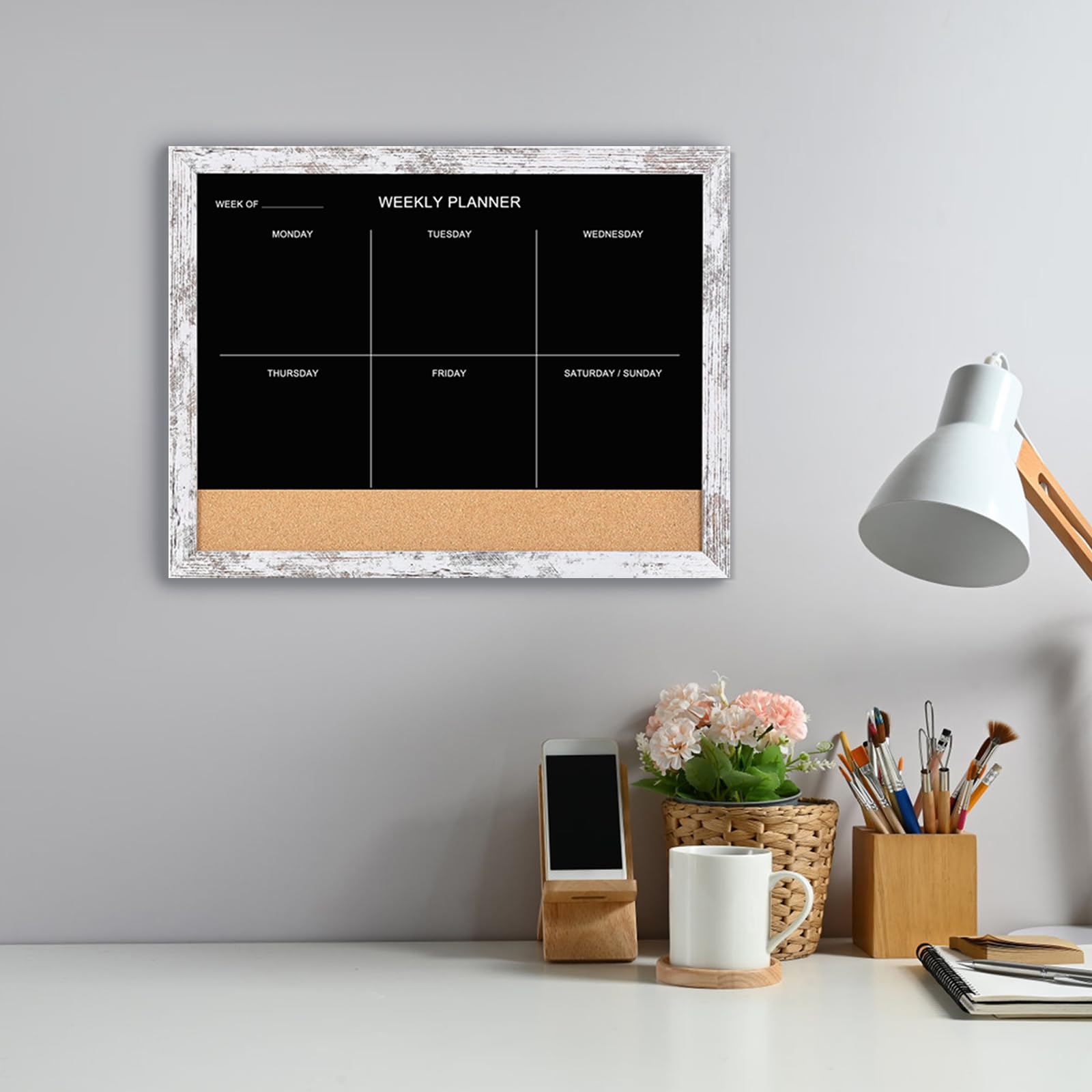 Pizarra y tablero de corcho, calendario semanal de superficie magnética, pizarra y tablón de anuncios, calendario de pizarra combinada para pared, tablero de notas enmarcado de madera