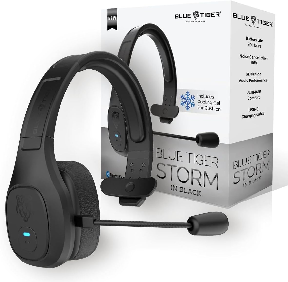 Blue Tiger Storm Black – Premium Trucker Bluetooth Headset – Wireless Noise Canceling Mono Headset with Mic – High-Fidelity Sound, 30-Hour Talk Time, USB-C Charging – for Truck Drivers, Bluetooth 5.0