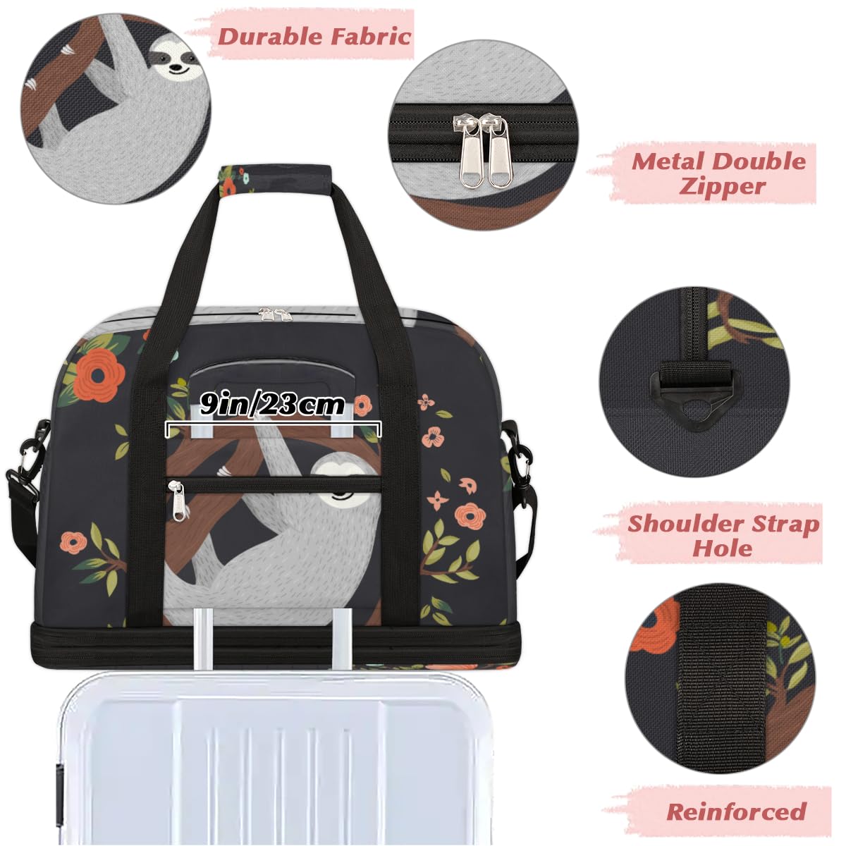 Bolsa de viaje plegable divertida con diseño de árbol de flores de perezoso, bolsa de fin de semana de 47 litros con funda de carrito para deportes, gimnasio, viajes, multicolor, 47L, Bolsa de viaje