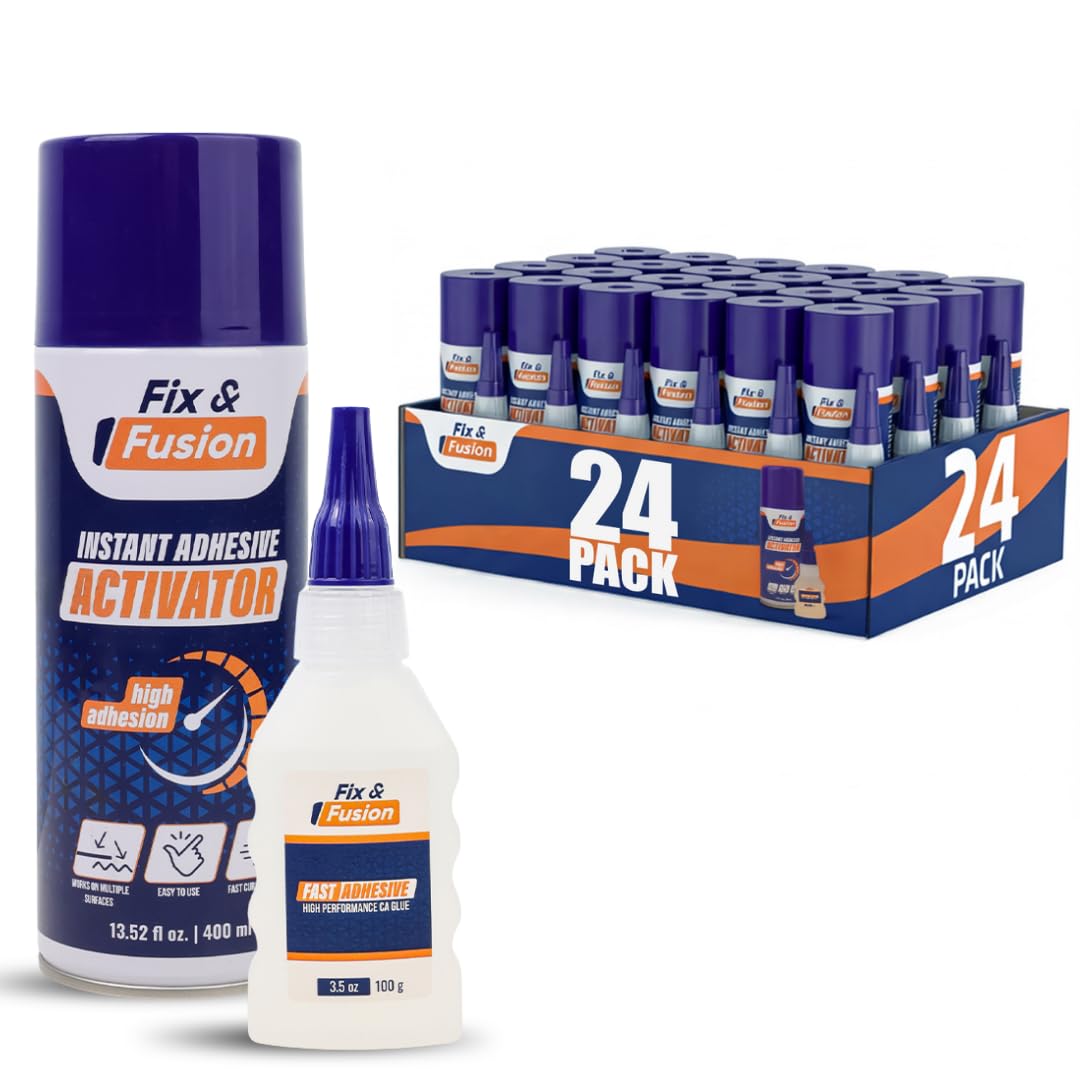 FIX & FUSION Set De Pegamento Instantáneo 100 G Y Spray Activador 400 Ml – Adhesivo Rápido Multiuso Para Madera, Plástico, Goma, Metal Y Cerámica – Ideal Para Bricolaje Y Reparaciones (24 Paquete)