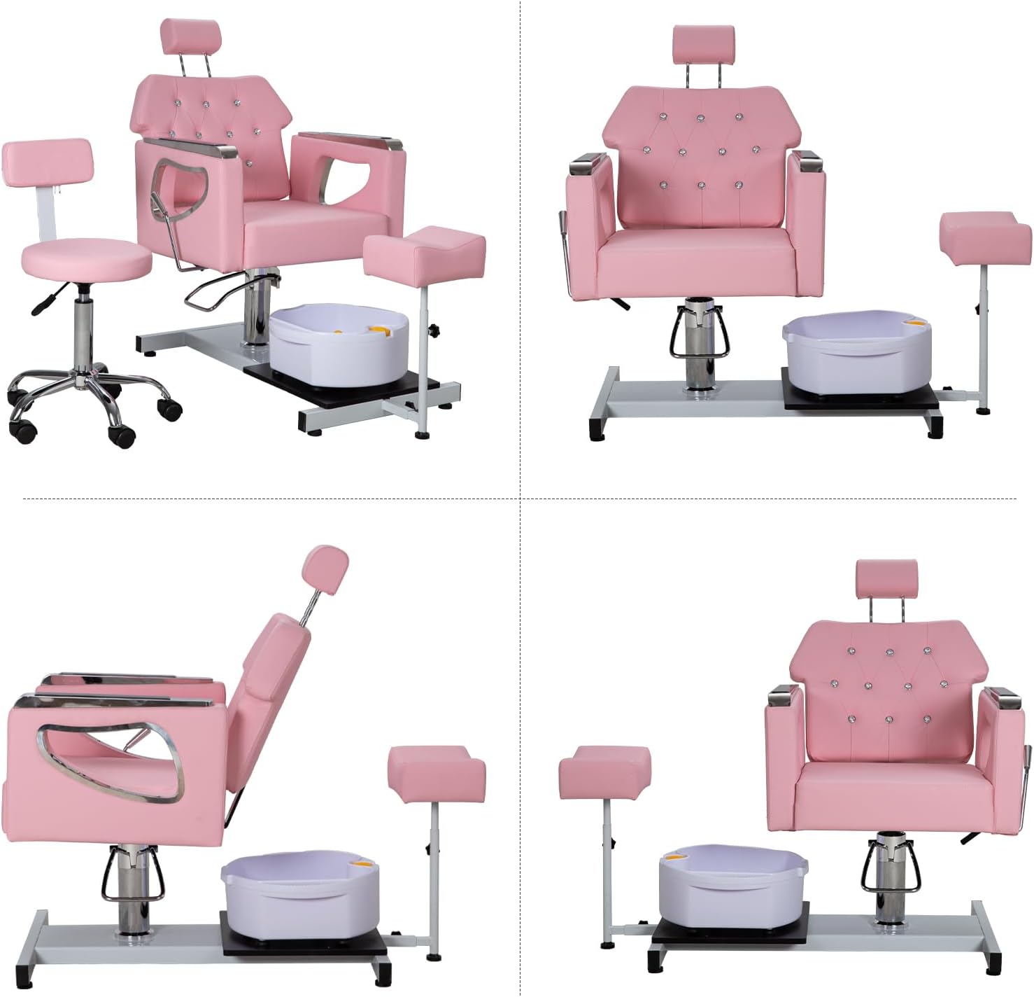Pedicure Chair No Plumbing, 360° Swivel Hydraulic Reclining Pedicure Chair with Foot Spa & Adjustable Footrest, for Nail Tech, Spa (Pink)