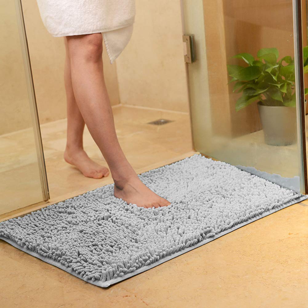 vctops Plush Chenille Bath Rugs Extra Soft and Absorbent Microfiber Shag Rug, Non-Slip Runner Carpet for Tub Bathroom Shower Mat Silver Grey 16" X 24"