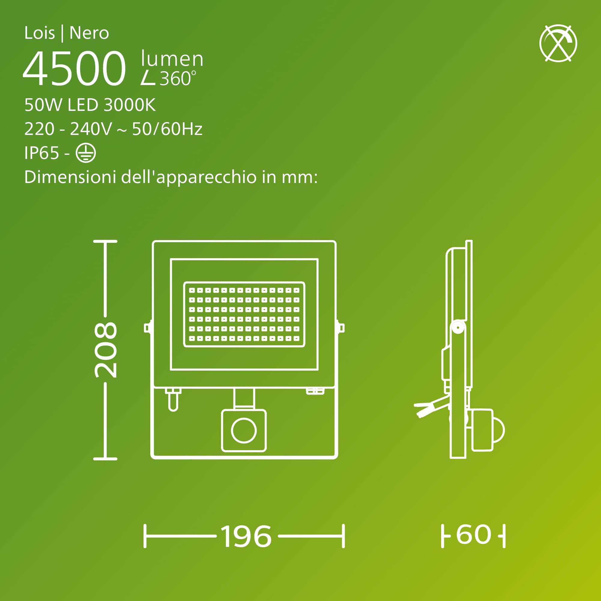 PHILIPS Lois Proiettore da esterno con Sensore, 50 W, 3000 K, Nero