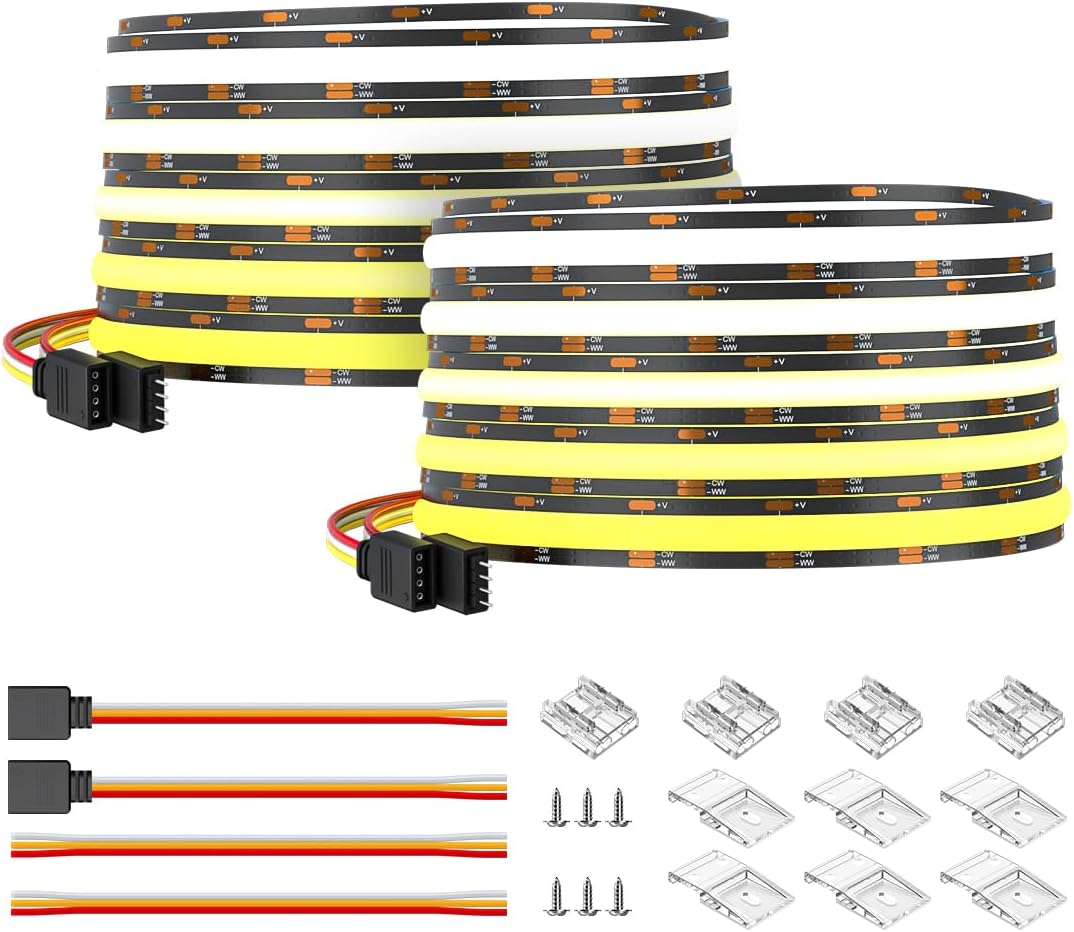 BTF-LIGHTING FCOB CCT COB LED Strip Tunable 2700K-6500K DC24V 2X16.4FT Total 32.8FT 640LED/m CRI 90+ Flexible High Density Dimmable LED Light for Home Indoor Decor(No Adapter or Controller)