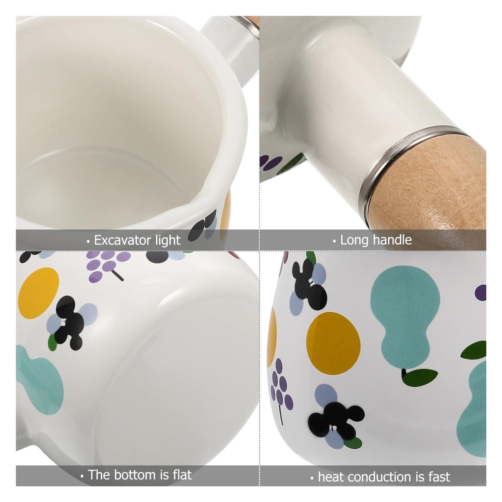 Pot à Lait en émail, Petit ustensile de Cuisine, Manche en Bois, Chauffe-Beurre, Haute température, antiadhésif, Compact, Pratique, Multifonctionnel pour la Cuisine, la Salle à Manger