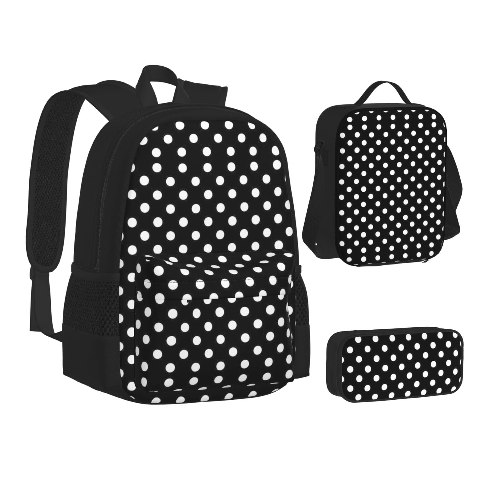 Juego de 3 mochilas escolares con estampado de lunares blancos y negros, mochila de gran capacidad resistente al agua para laptop con bolsa de almuerzo aislada y estuche para lápices para