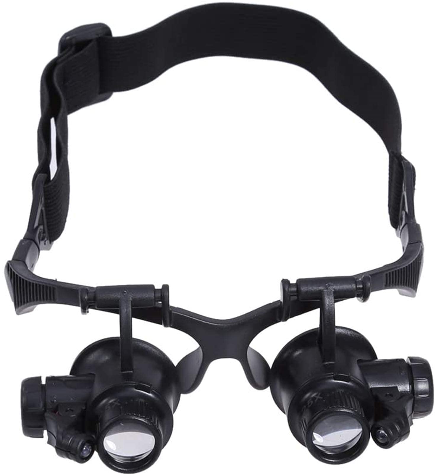 Kopfbandlupe, Handlupe, Kopfmontierte Lupe, 10x, 15x, 20x, 25x Uhrmacherlupe mit 2 LED-Leuchten, linken und rechten Doppelaugenklappen, Halterung und Kopfbandlupe