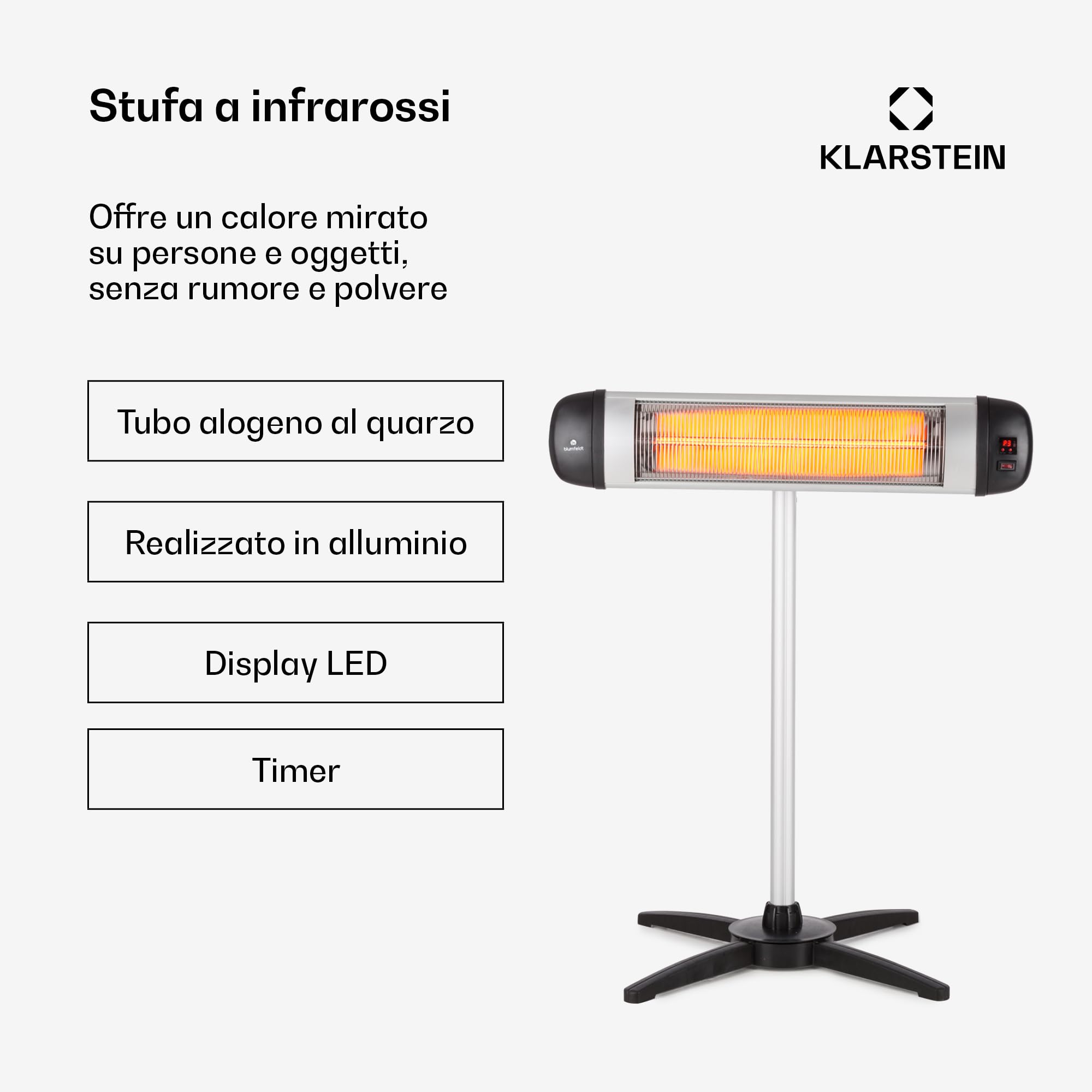 Blumfeldt Stufa Elettrica Basso Consumo, Stufa Elettrica 2500W, Termosifone Elettrico per Esterni, Termoconvettore Elettrico da Parete, Protezione IP34, Riscaldamento Infrarossi, No CO2