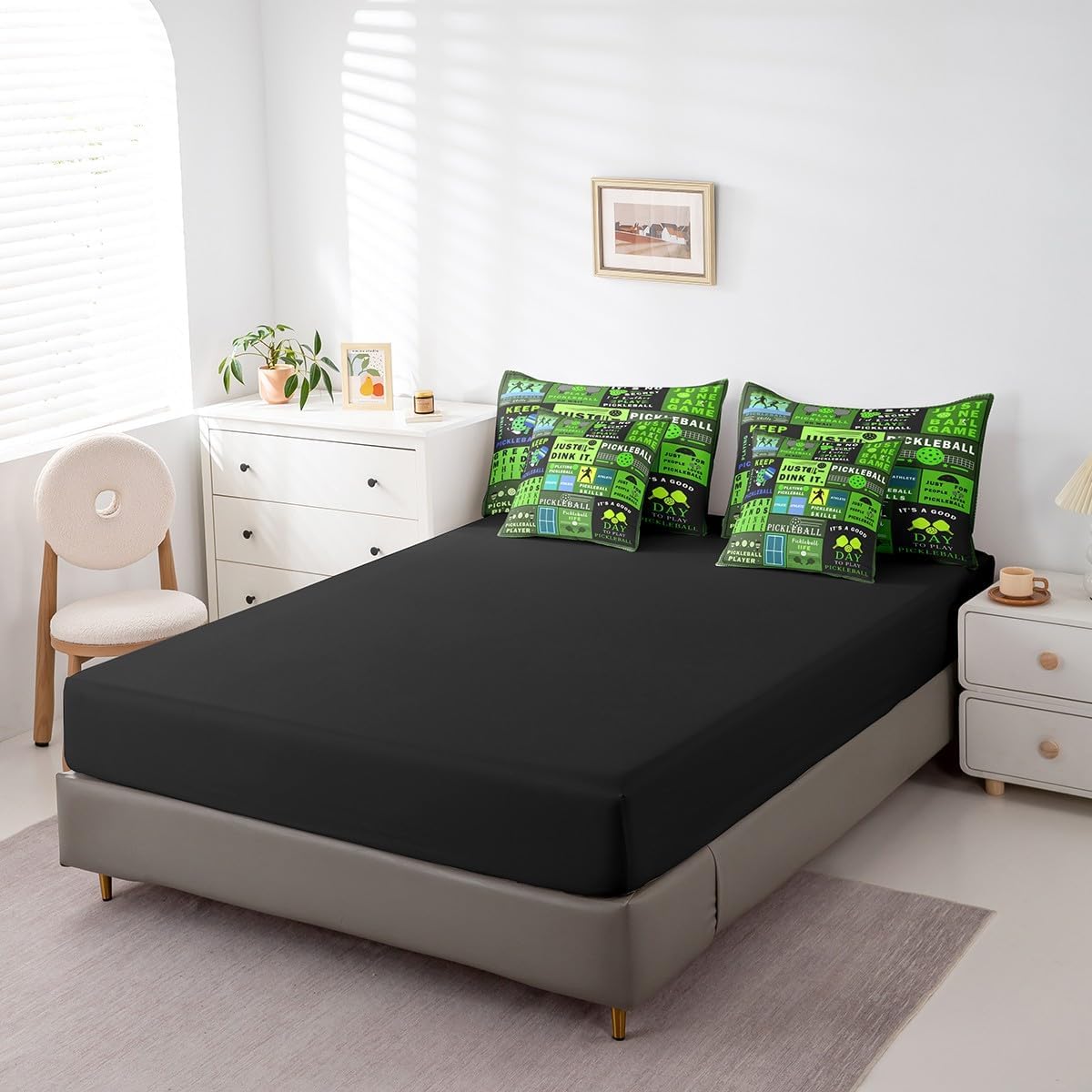 Erosebridal 7 Pieces Green Pickleball Bedding with Bed Sheets Queen,Rustic Patchwork Bed in A Bag for Kids Boys Girls,Extreme Sports Ball Game Comforter Set for Teens Adults,Pickleball Life Quilt
