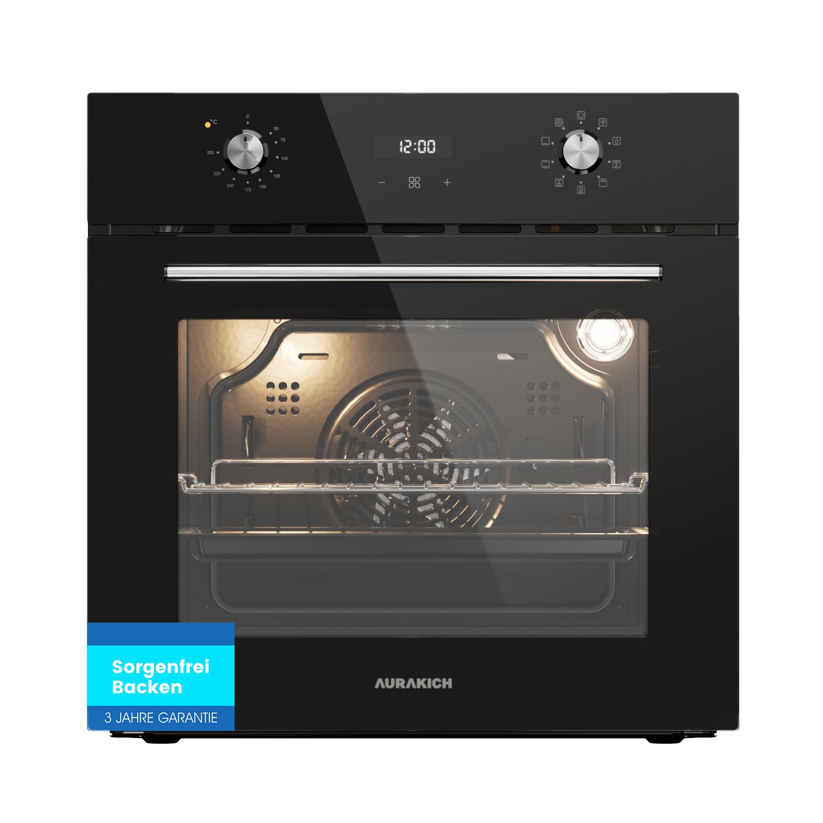 Einbaubackofen 60 cm, 70 L Volumen, 4D Heißluft, 8 Heizarten, Schnellaufheizung, inkl. Timer & Kindersicherung, Energieeffizienz A, 3 Jahre Garantie, Schwarz