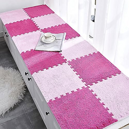 Typutomi 12pcs Plush Puzzle Foam Floor Mat, Soft Thicken Fluffy Interlocking Square Foam Tiles Area Rugs Carpet for Parlor Bedroom Decoration(11.8x11.8x0.55in,Rose Red&Pink) - Thumbnail 6