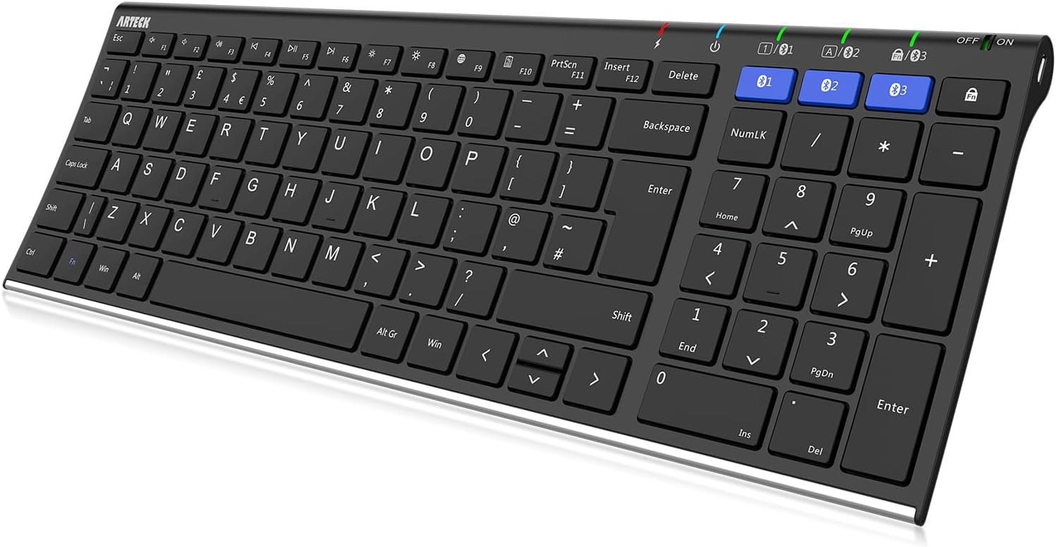 – Arteck Universal Bluetooth Keyboard Multi-Device Stainless Steel Full Size Wireless Keyboard for Windows, iOS, Android, Computer Desktop Laptop Surface Tablet Smartphone Built in Rechargeable Battery