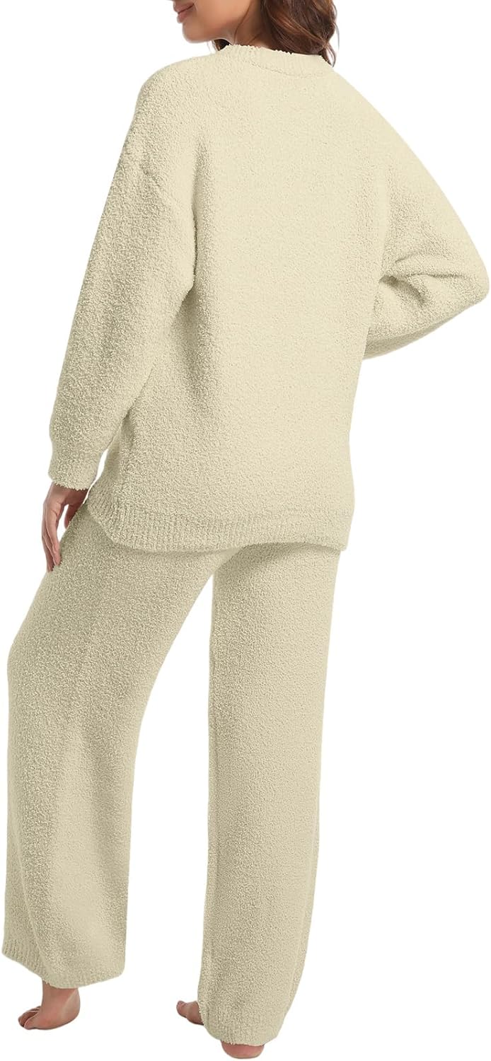 2 Piece Fleece Pajamas for Women Set Loungewear Outfits Knit Sweater Womens Long Sleeve Fuzzy Pajama Sets - Image 3