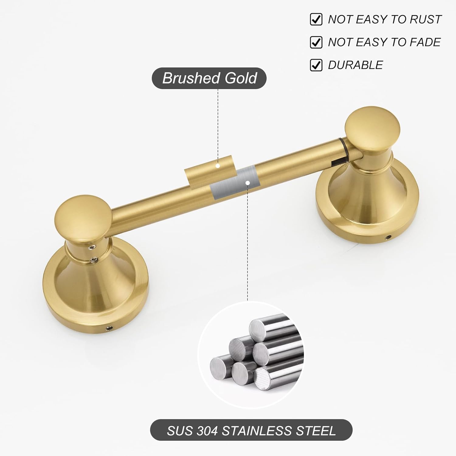 BESy Wall Mounted Toilet Paper Roll Holder Rustproof Tissue Paper Holder Bathroom Flexible Pivoting Tissue Handle Toilet Tissue Roll Holder, Brushed Gold, Stainless Steel - Image 3
