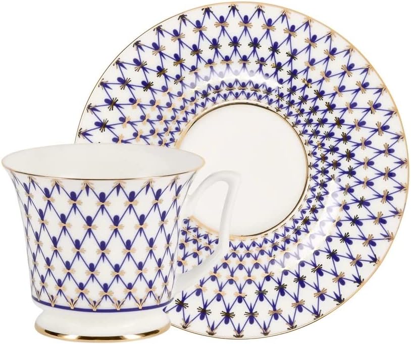 Lomonosov Porcelain Set Bone China Coffee Cup and Saucer Yulia Cobalt Net 4.9 fl.oz/145 ml