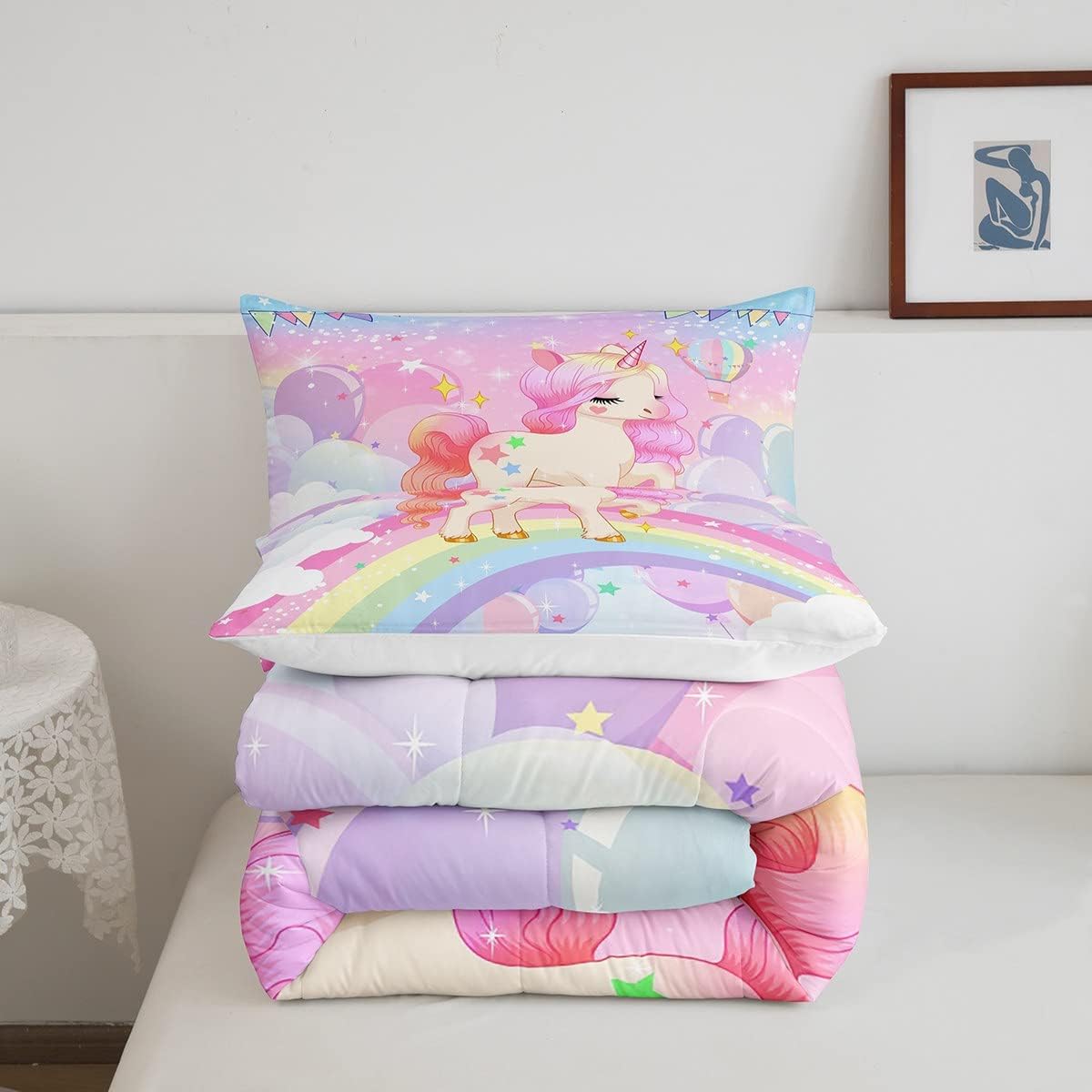 Feelyou Unicorn Girls Bedding Set Toddler Size Rainbow Kids Pink Unicorn Comforter Set Kawaii Cute Reversible Stars Quilt Comforter Teens Children Adults Cartoon Unicorn Room Decor All Season