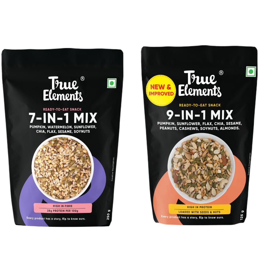 True Elements Super Seeds Combo Pack, 9-in-1 Snack Mix 125g and 7-in-1 Mix 250g, High Protein Ready-to-Eat Seeds and Nuts, Vegetarian