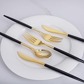 I00000 60 Pack Gold Silverware Set with Black Handle,Heavy Duty Black Plastic Cutlery Include 20 Forks 20 Knives 20 Spoons, Plastic Utensils Set for Party
