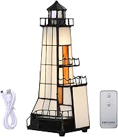 Vista 1 de Bieye L10779 Lighthouse Tiffany Style Stained Glass Accent Table Lamp Night Light with Lookout Platform for Home Decoration (4x6x11, Brown)