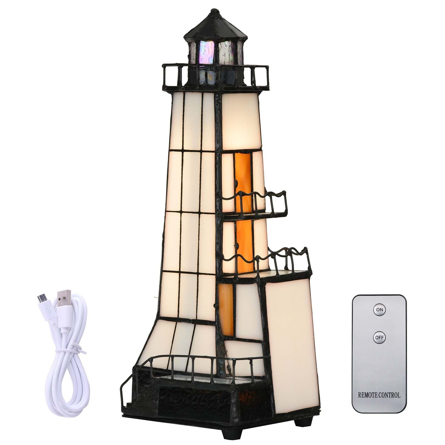 Bieye L30779 Lighthouse Tiffany Style Stained Glass Accent Table Lamp Night Light for Home Decoration (Brown 1, 4" x 6" x 11") โ image 1