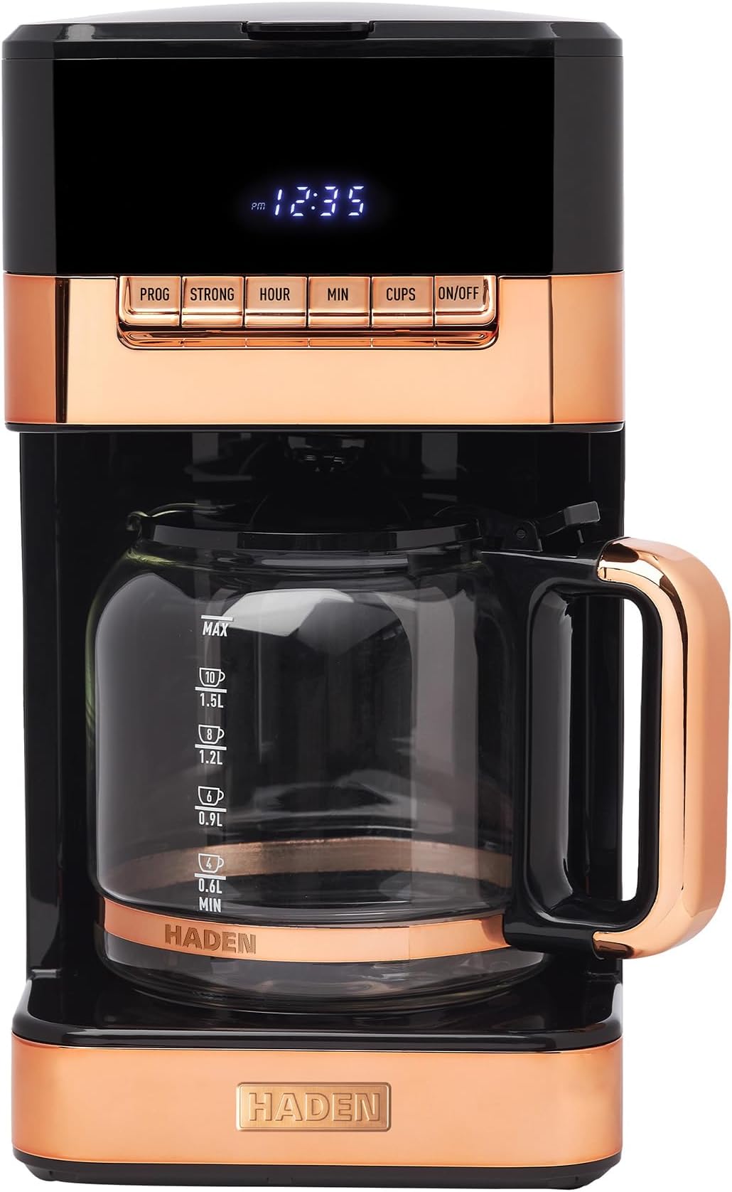 Quintessential 12 Cup Brew Coffee Maker, 120 Min Keep Warm, Delay Brew, Adjustable Strength, Programmable Clock, 30s Anti Drip, Black/Copper