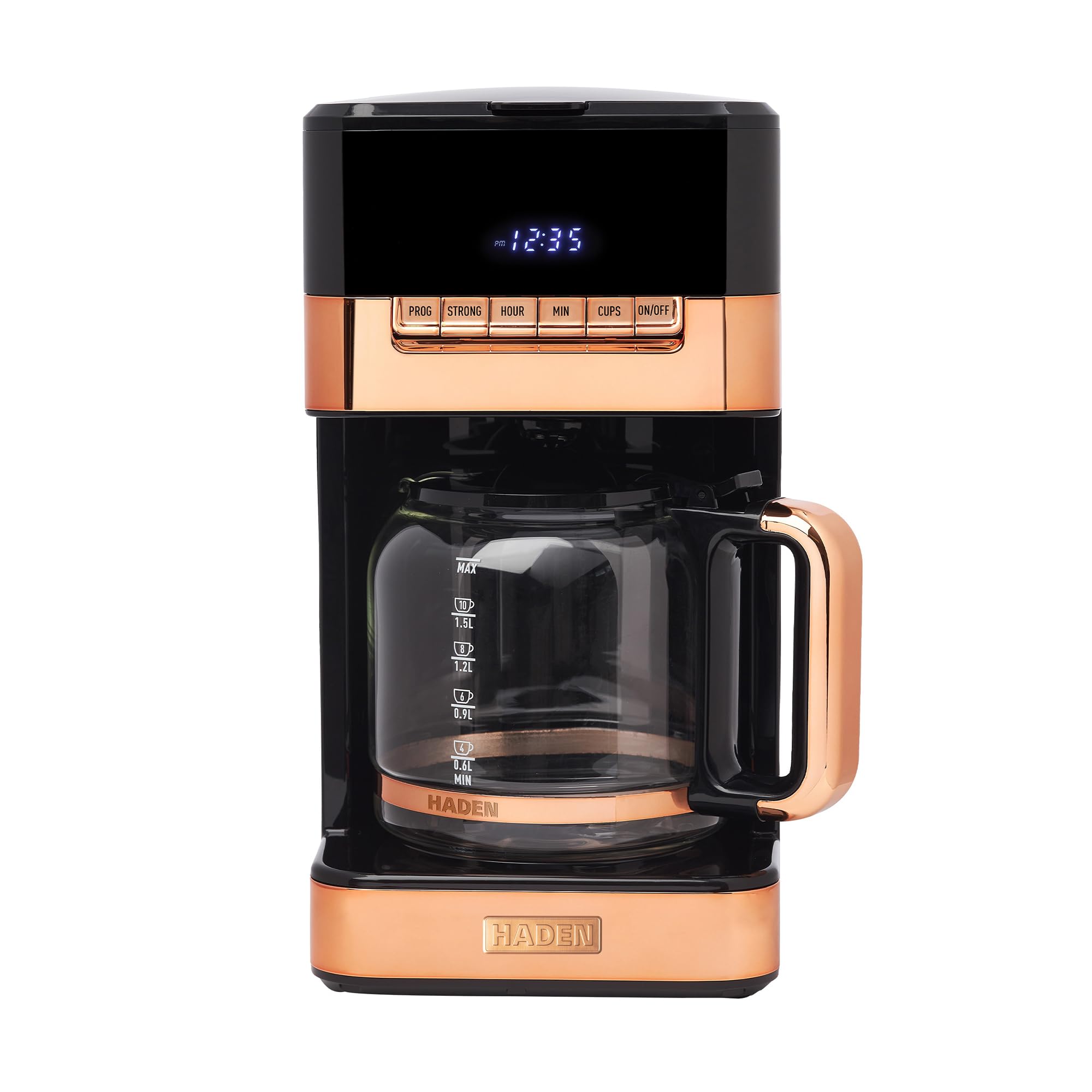 Quintessential 12 Cup Brew Coffee Maker, 120 Min Keep Warm, Delay Brew, Adjustable Strength, Programmable Clock, 30s Anti Drip, Black/Copper
