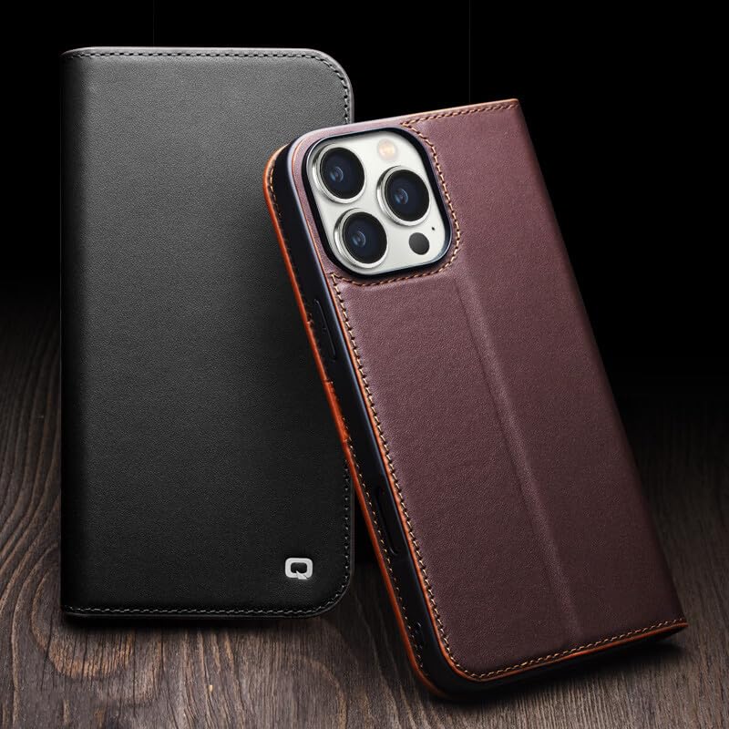 Étui iPhone 16 Pro marron à rabat magnétique, housse en cuir véritable uni