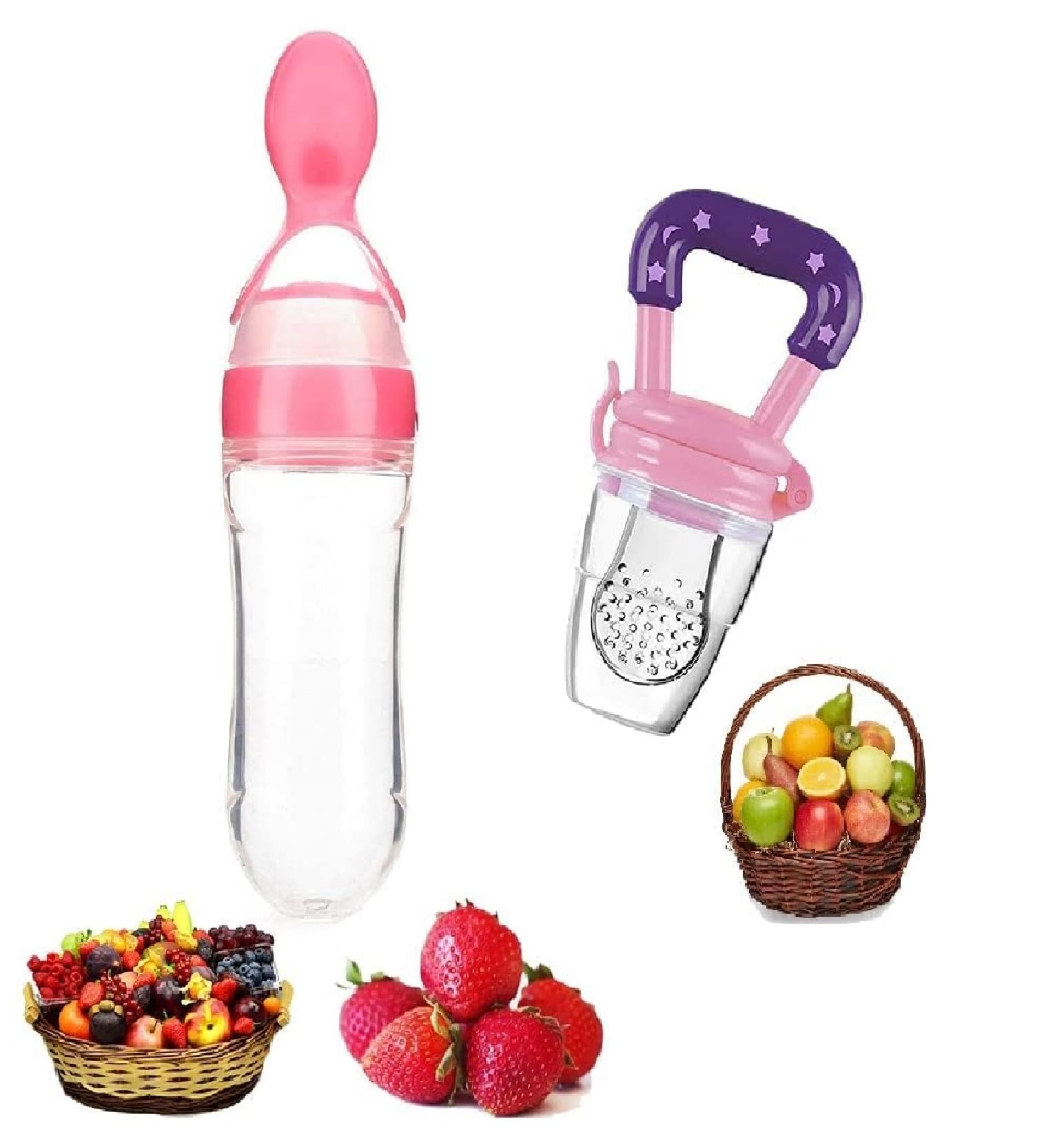 The Moms care Combo of Fruit Nibbler Pacifier and Silicone Squeeze Feeding Spoon Bottle for Feeding Milk Cereal 0 to 12 Months Daily Needs Items, Same Color Design Pink Set for Your Baby Girl-image-7