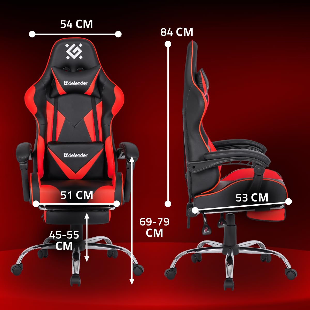 Defender Pilot,Sedia da ufficio ergonomica con poggiapiedi e cuscino lombare regolabile, angolo di inclinazione di 135°, sedia da scrivania regolabile in altezza, in ecopelle, colore: Nero/Rosso