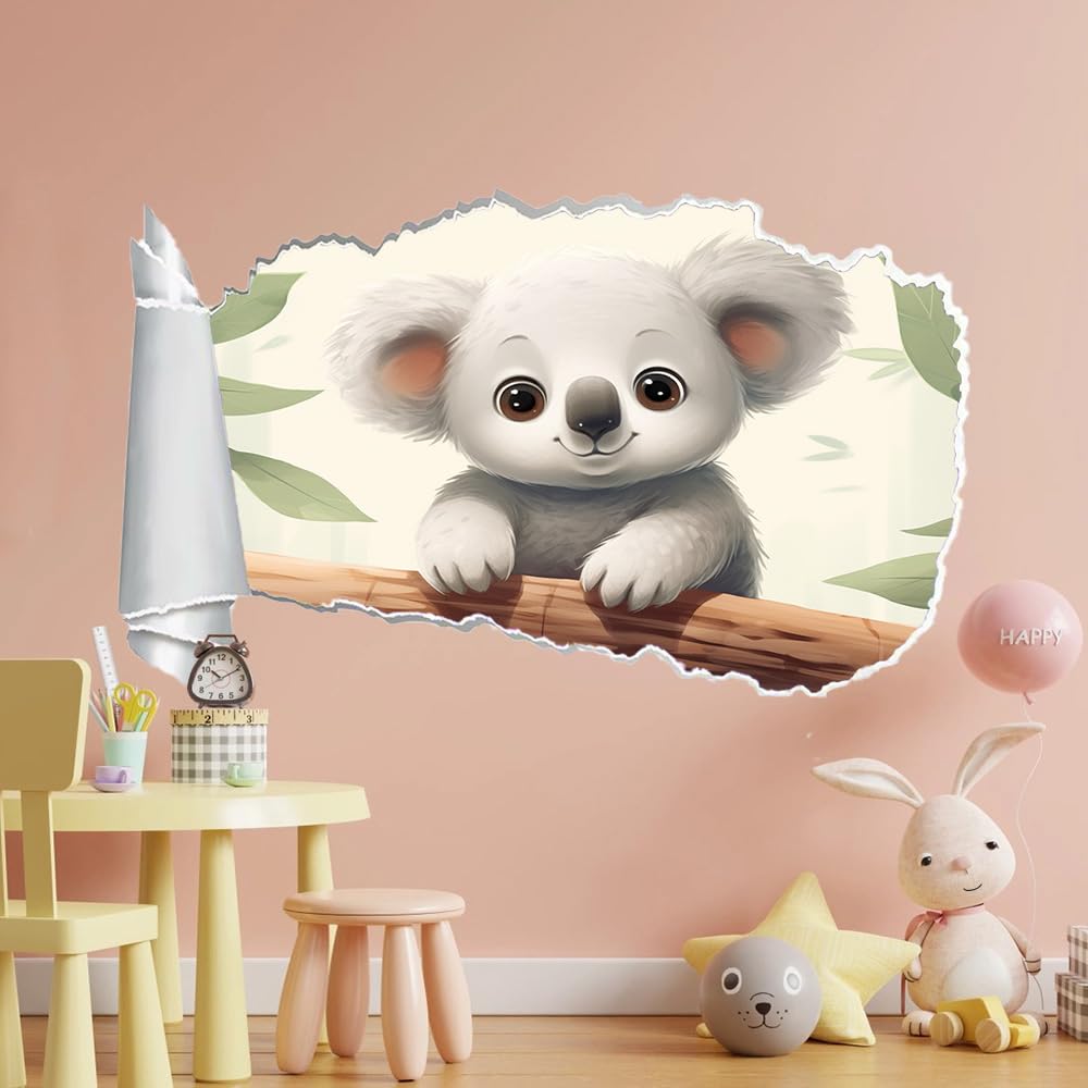 Decalcomanie da muro Art 3D Fracassato Animali Koala Adesivi murali Foglie Carta da parati Camera da letto autoadesivo per ragazze Camera da letto Nursery Home