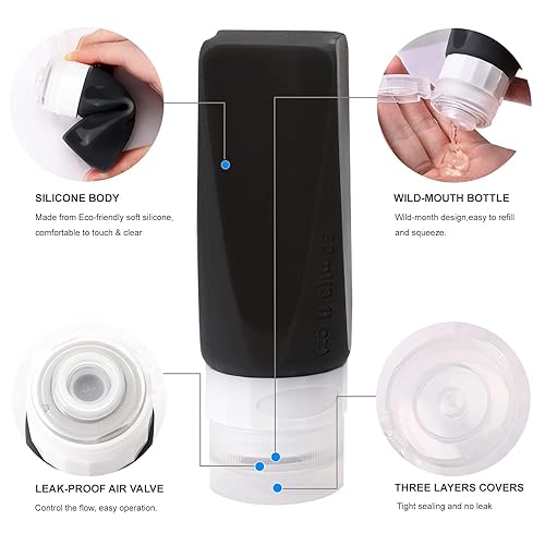 Miniatura 3 de Botellas de viaje a prueba de fugas, 3 onzas aprobadas por la TSA de silicona, exprimibles, juego de recipientes recargables para artículos de
