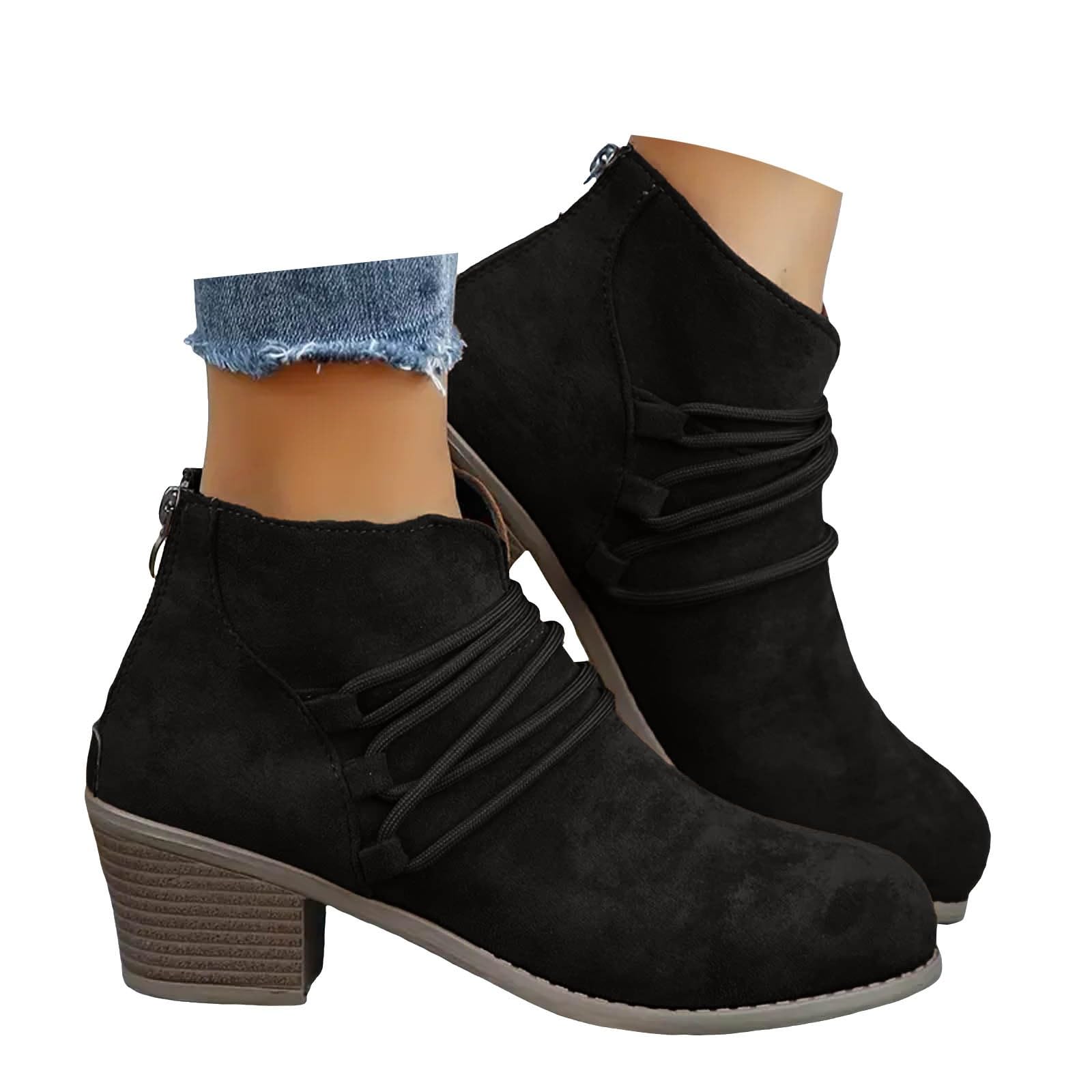 Women Suede Ankle Boots Flats Vintage Solid Wide Calf Lace up Chunky Block High Heels Round Toe Back