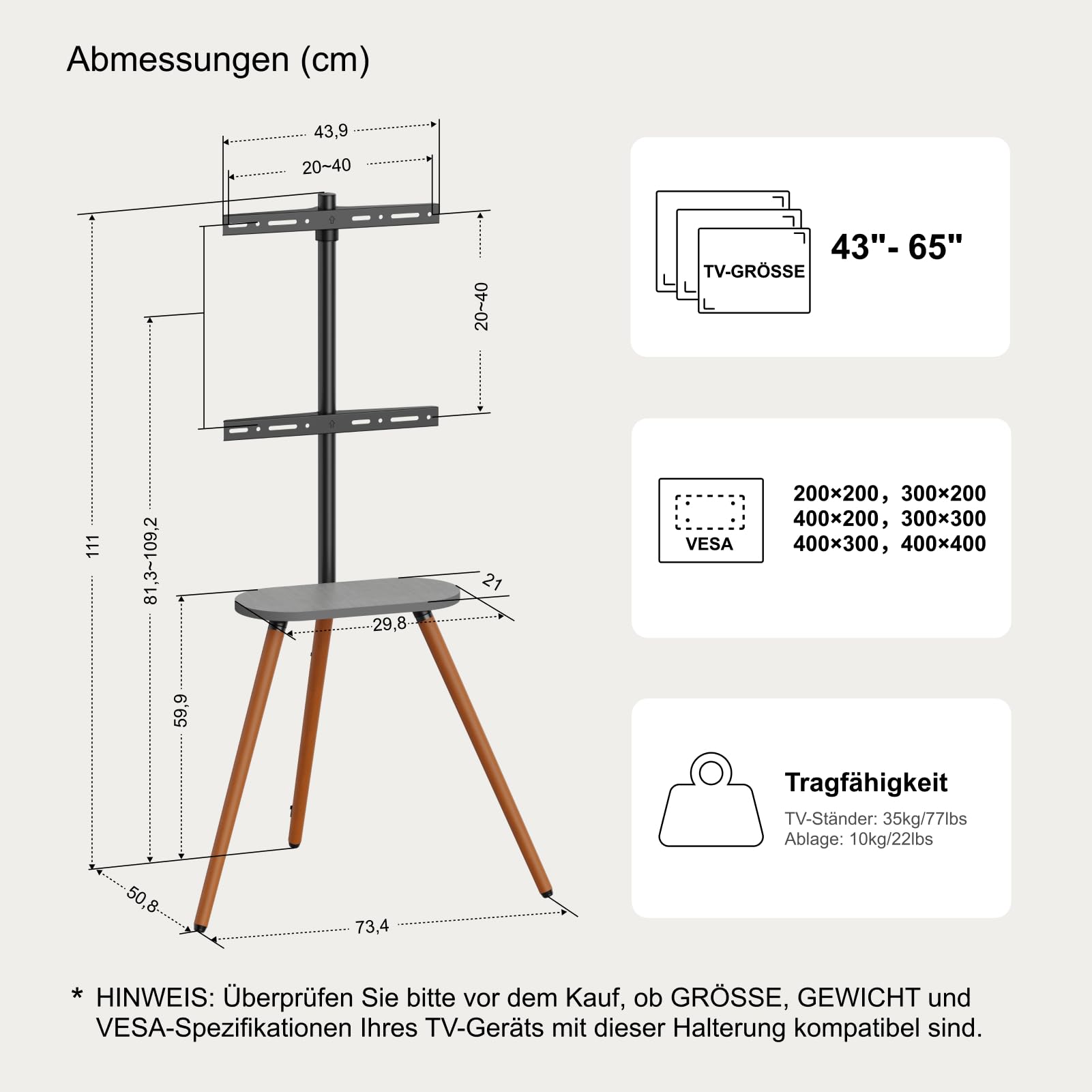 TV staffelei für 43 bis 65 Zoll LCD LED OLED Bildschirm bis zu 35 kg, höhenverstellbar und schwenkbar, tragbarer TV-Ständer Holz mit Holztablett,max VESA 400x400mm, Schwarzes Walnussholz