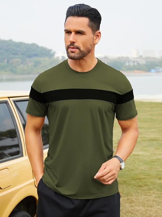 Hardaddy Men's Short Sleeve Color Block Crew Neck Pullover Casual Shirts | Stretchy Soft,Crewneck Tee,Lightweight,Regular Fit,Everyday Basic Tee,Fashion Workout Shirt