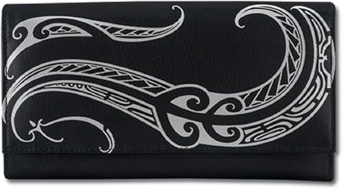 Miniatura 5 de Cartera de embrague de cuero para mujer de tatuaje polinesio modelo "Ahona" Arte del tatuaje por Kuaika Quenga de NAKOA, Negro -, Cartera delgada