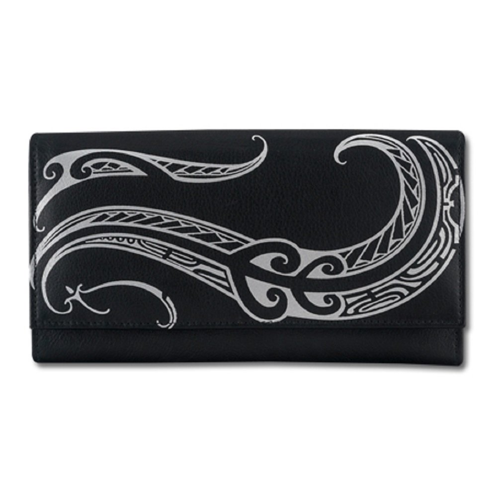 NĀ KOA NĀ Polynesian Tattoo Women's Leather Clutch Wallet Model"Ahona" (Black)