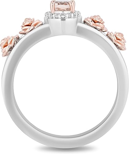 Vista 4 de Jewelili Enchanted Disney Fine Jewelry - Anillo de plata de ley y oro rosa de 10 quilates con diamante CTTW de 120 y manganita Aurora Halo Filigrana
