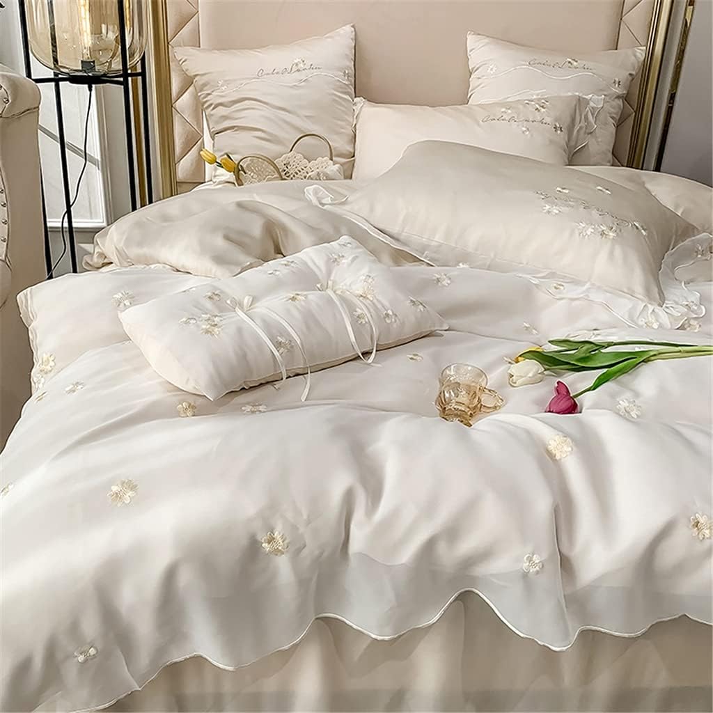Summer Princess Style Double-Sided Tencel Four-Piece Floral Embroidery Lace Nude Sleeping Duvet Cover Bedding (Color : Champagne Size : 2m) (White 1.8m) (Champagne 1.5m)