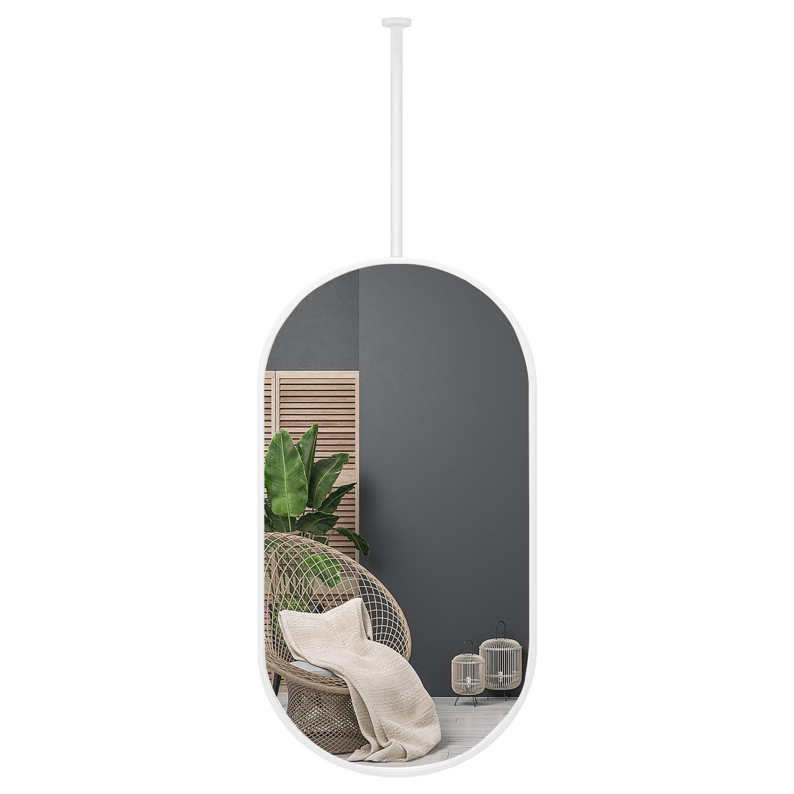 FGXHHS Ceiling Mirror - White Metal Frame Oval Bathroom Mounted Home Decor HD Hairdressing Mirrors(50cmx90cm)