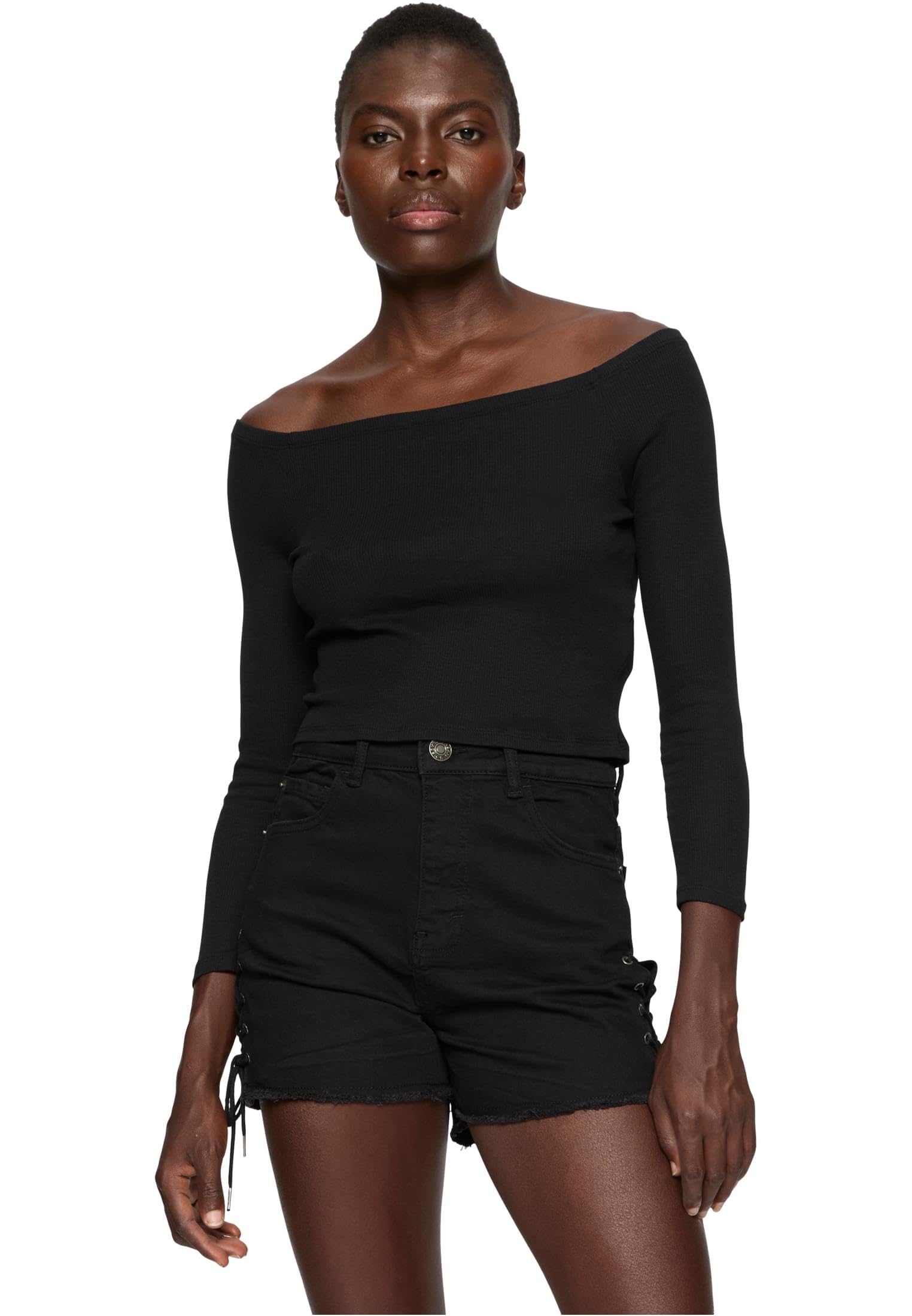 Urban Classics Women's Ladies Off Shoulder Rib Longsleeve T-Shirt, Black, L